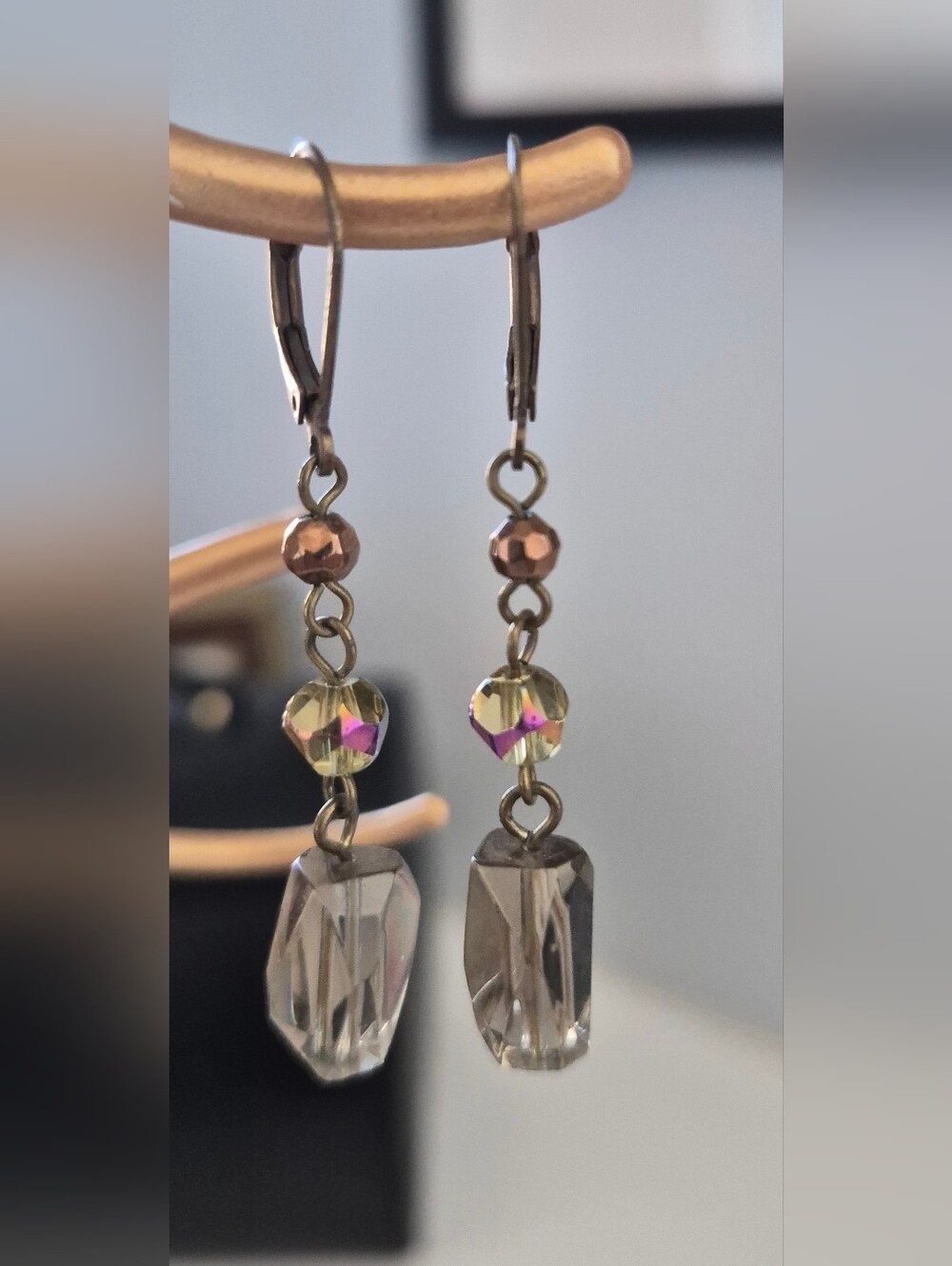 Handmade Gold-Tone Crystal Drop Earrings with Yellow Aurora Beads